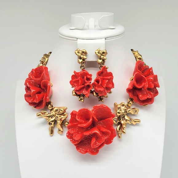 Oscar de la Renta Coral Flower + Branch Statement Jewelry Set Resin + Swarovskis - Picture 1 of 12